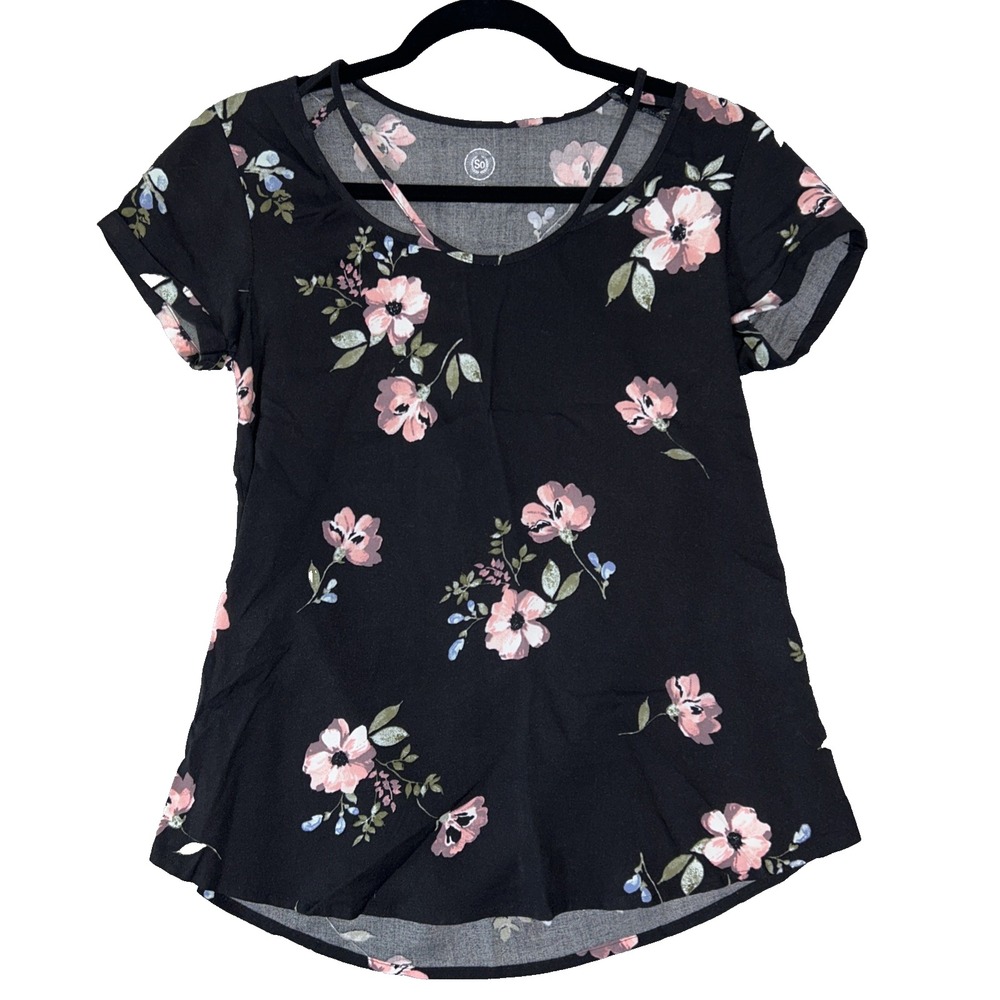 So Womens Blouse Dark Floral Strappy Scoopโ Neck Short Sleeve Shirt XS Cottage